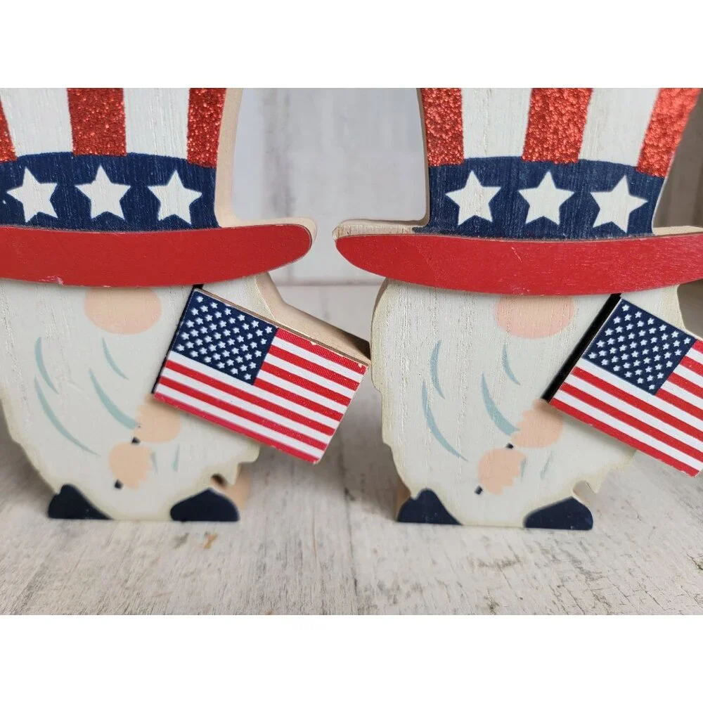 Wooden 4th of‎ July gnome glitter USA set figure decor flag